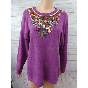Vtg Victoria Harbour Purple Beaded Gold Sweater Embellished Size M